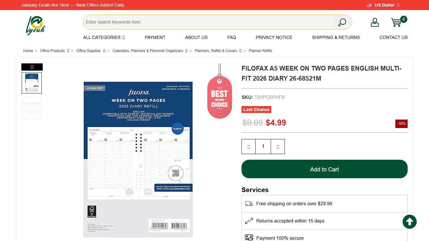 Filofax A5 Week on two pages English multi-fit 2026 diary 26-68521M